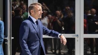 Le Touquet. 9th June, 2024. French President Emmanuel Macron walks out of a polling station after voting for the European Parliament elections in Le Touquet, France on June 9, 2024. Macron announced dissolution of the National Assembly and called new legi