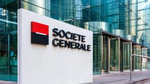 Sign of the Societe Generale at the entrance of the head office of the french banking group in La Defense business district.