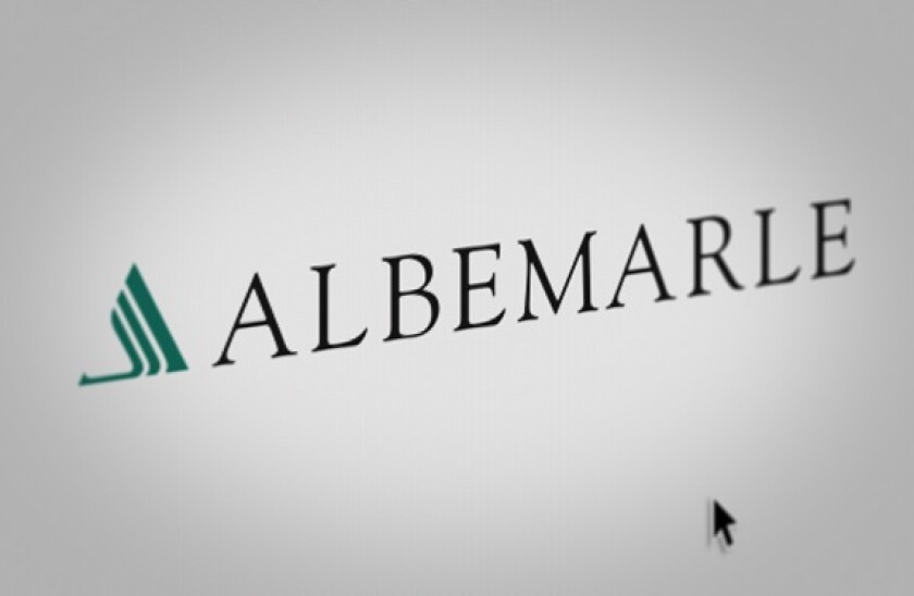 Logo of the public company Albemarle Corp displayed on a computer screen in close-up. Credit: PIXDUCE