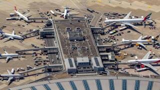 Air Berlin Jet, aerial photo, gates and jet bridges to the airplanes, terminal and concourses, Dusseldorf Airport, Dusseldorf, Rhineland, North Rhine-Westphalia, Germany