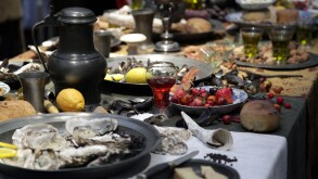 Burgundy feast in the year around1650.Gorgeous Food and drink buffet.(Masterchef in the golden age)