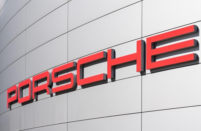 Porsche logo, Porsche center Zuffenhausen, Stuttgart, Baden-Wurttemberg, Germany