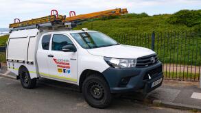 A Toyota Hilux 4x4 truck owned by Northern Powergrid resposible for maintenance of the electrical power distribution system in Northern England equipp