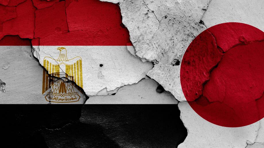 flags of Egypt and Japan painted on cracked wall