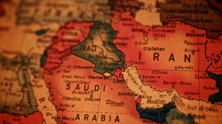 A detail photo of the world as depicted on an antique globe. Focusing on the Persian Gulf.