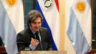 Argentina's President Javier Milei speaks during a joint news conference with Paraguayan President Santiago Pena at Palacio de Lopez presidential palace in Asuncion, Paraguay, Wednesday, April 9, 2025. (AP Photo/Jorge Saenz)