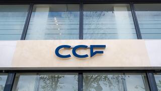 Sign and logo of a branch of the Credit commercial de France (CCF) banking group, a bank which previously operated in France under the HSBC brand