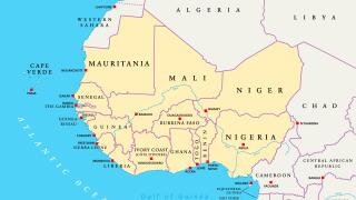 West Africa region, political map. Area with capitals and borders. The westernmost countries on the African continent, also called Western Africa.