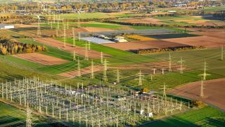 Power lines and Amprion substation, Sechtem, Bornheim, Rhineland, North Rhine-Westphalia, Germany