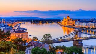 Budapest, Hungary. Panoramic view with the Chain Bridge and the Parliament on the Danube river.