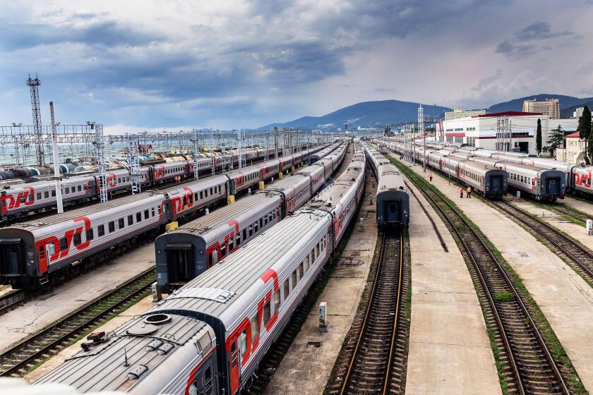 JULY 24, 2016, ADLER RUSSIA: railway station view from above with the trains of Russian Railways