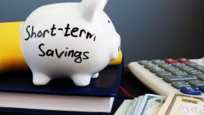 Short-term savings. Piggy bank, calculator and money.