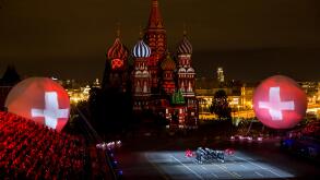 Moscow, Russia - August, 2017: Performance of Top Secret Drum Corps from Switzerland on International Military Tattoo Music Festival "Spasskaya Tower"