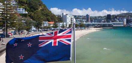 New Zealand, North Island, Wellington. Beach, Oriental Bay, New Zealand flag