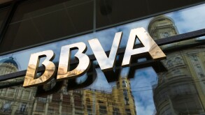 Sign above entrance of Spanish bank BBVA in Valencia city. Spain