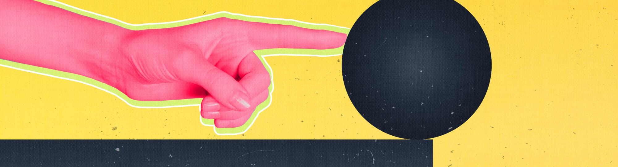 Creative composite collage picture of human arm finger touch pushing ball balancing cliff isolated on yellow drawing background