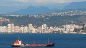 Oil Products Tanker Dona Carmela on the background of Valparaiso, Chile.