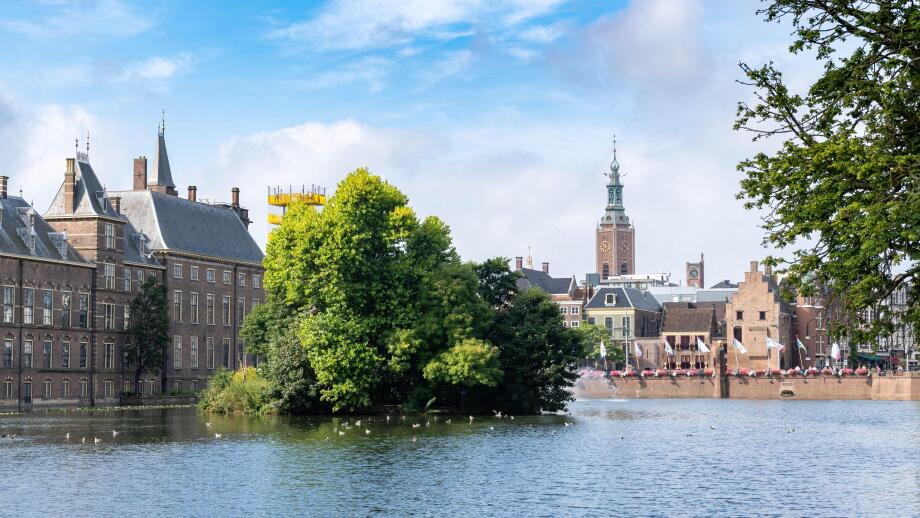 scenic view of a city waterfront with historic buildings and a lush green island in the middle of the water, the hague