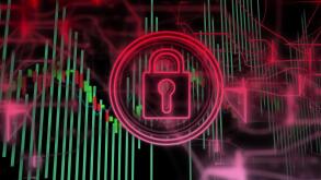 Neon pink padlock securing green-red chart-bars in digital scene, with grid lines and glowing nodes. Cybersecurity, data protection, digital security,