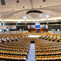 The hemicycle at Espace Leopold, European Parliament building, Brussels, Belgium