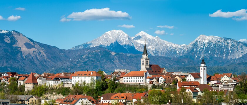 Panorama of Kranj, Slovenia, Europe. Kranj in Slovenia with St.