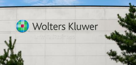 A logo sign outside of a facility occupied by Wolters Kluwer in Frederick, Maryland on August 30, 2015.