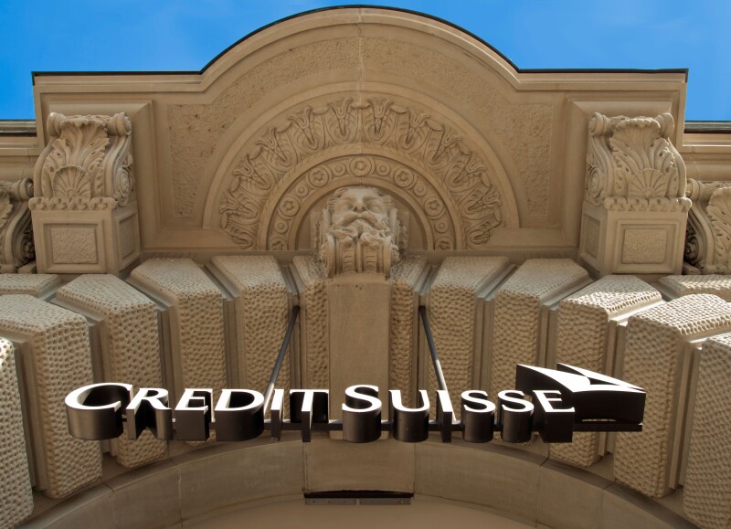 Main entrance of Credit Suisse, Switzerland's second largest bank at the company's headquarters at Zurich Paradeplatz