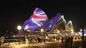 Sydney, Australia. 26th January 2023. The sails of the Sydney Opera House have been lit up with an Indigenous artwork to mark Australia Day. Kamilaroi woman Rhonda Sampson's artwork was projected onto the Opera House sails as well as the Australian and Ab