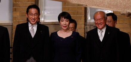 Tokyo, Japan. 10th Aug, 2022. Japan's Prime Minister Fumio Kishida (L), Minister in Charge of Economic Security Sanae Takaichi (C), Finance Minister Shunichi Suzuki and other ministers prepare for a photo session at Kishida's residence in Tokyo, Japan, Au