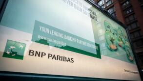 Advertising for the French bank, BNP Paribas, is seen in New York on Saturday, November 7 2015. (© Richard B. Levine)