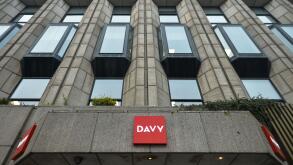 Davy logos seen at the entrance to Davy headquarters in Dawson Street in Dublin. Davy is Ireland's largest stockbroker, wealth manager, asset manager and financial advisor On Monday, 8 March, 2021, in Dublin, Ireland. (Photo by Artur Widak/NurPhoto)