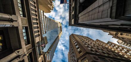 NEW YORK, USA - OCTOBER 08: Financial district city buildings outside in the lower Manhattan area near wall street on October 08, 2019 in New York