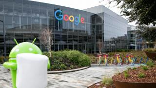 A logo sign outside of the headquarters of Google, also known as the "Googleplex" in Mountain View, California on January 24, 20