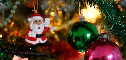 Christmas baubles on Christmas tree close-up. Image shot 2007. Exact date unknown.
