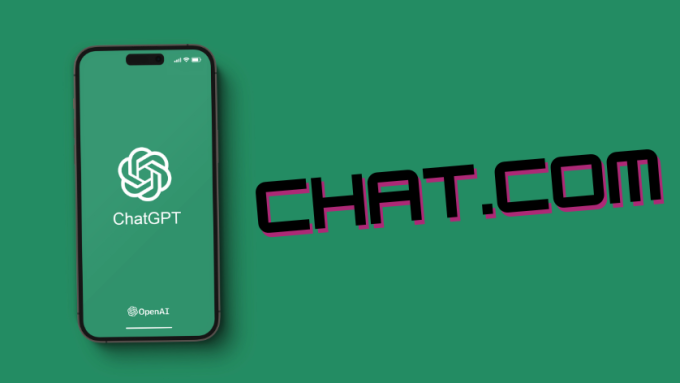 A graphic showing a phone displaying the logo of OpenAI's ChatGPT next to a black and pink graphic of the words: 'Chat.com'