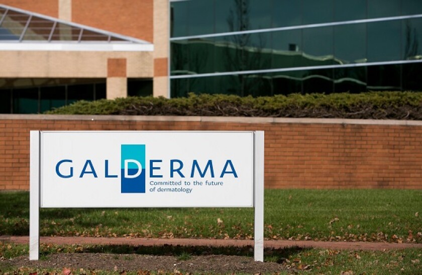 A logo sign outside of a facility occupied by Galderma in Cranbury, New Jersey on November 6, 2016.