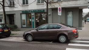 Strasbourg, France - Jan 27, 2018: Parked Skoda Octavia in street near Credit Agricole Branch