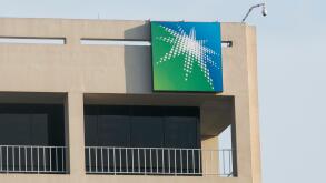 A logo sign outside of a facility occupied by Saudi Aramco in Houston, Texas, on May 27, 2017.