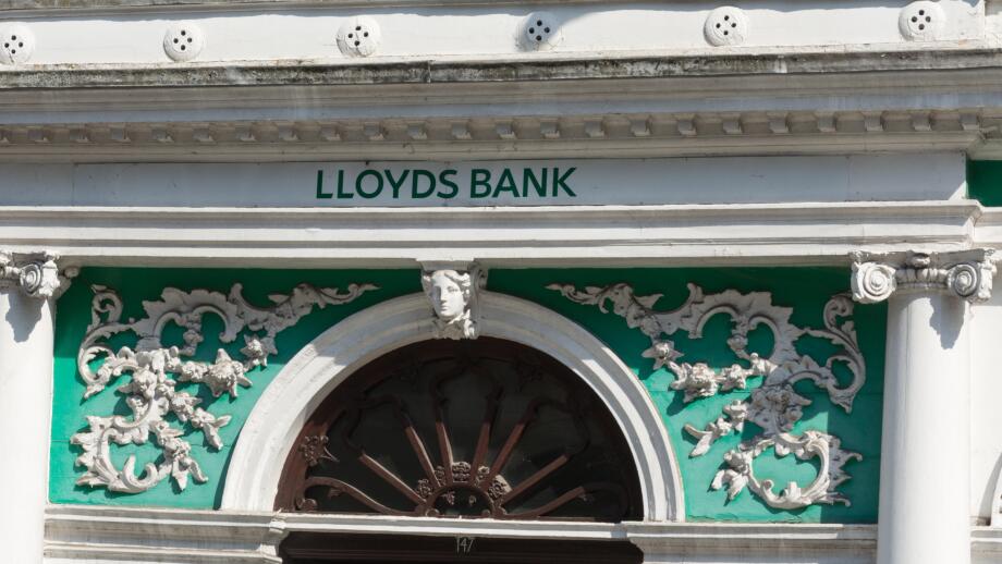 Detail of the decorative exterior of the Lloyds Bank branch on the high street in Guildford, Surrey, UK