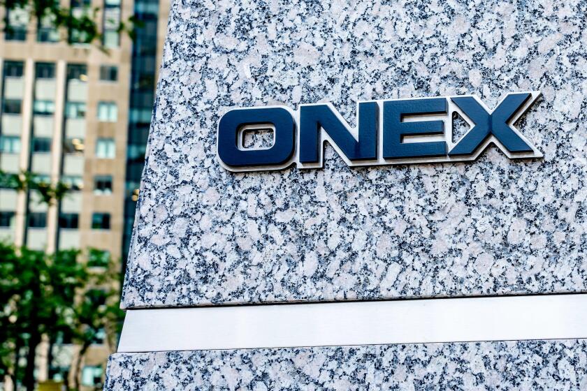 Sign of Onex Corporation outside their head office in downtown Toronto, Canada.