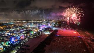 Miami Beach Florida,New Year?s Eve fireworks display celebration,aerial overhead view from above,FL190101d04