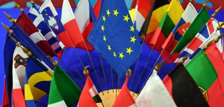 The flags of the EU member states are displayed with the EU flag on a table at the European Information Center in Erfurt, Germany, 08 February 2017. Photo: Jens Kalaene/dpa-Zentralbild/ZB