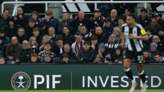 A digital advert for PIF, The Saudi Arabian movement Public Investment Fund during the Premier League match between Newcastle United and Wolverhampton Wanderers at St. James's Park, Newcastle on Wednesday 15th January 2025. (Photo: Michael Driver | MI New