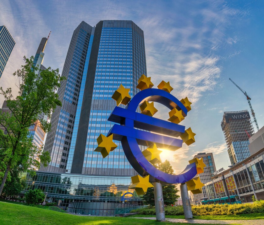 Frankfurt, Germany - July 9, 2017: sunrise city skyline at European Central Bank (ECB) and Euro Sign