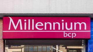 Famalicao, Portugal: Millennium Bcp aka Banco Comercial Portugues logo, symbol or emblem in the facade of bank agency. One of largest private banks