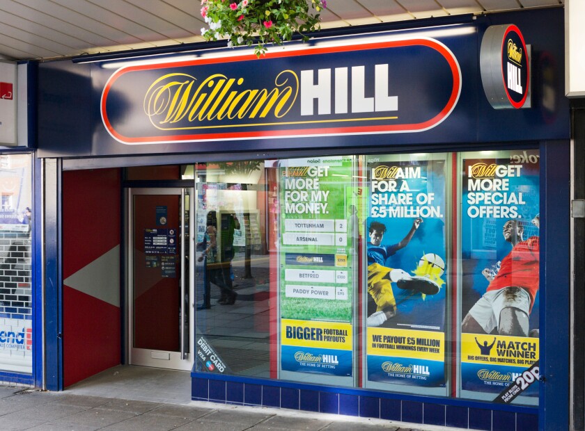 William Hill betting shop in Huddersfield town centre, West Yorkshire, England, UK