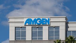 Close up of Amgen sign on its office building is shown in Tampa, FL, USA.