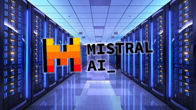 The logo for French startup Mistral AI superimposed in front of a data centre server room