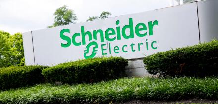 A logo sign outside of a facility occupied by Schneider Electric in Lexington, Kentucky on July 1, 2017.