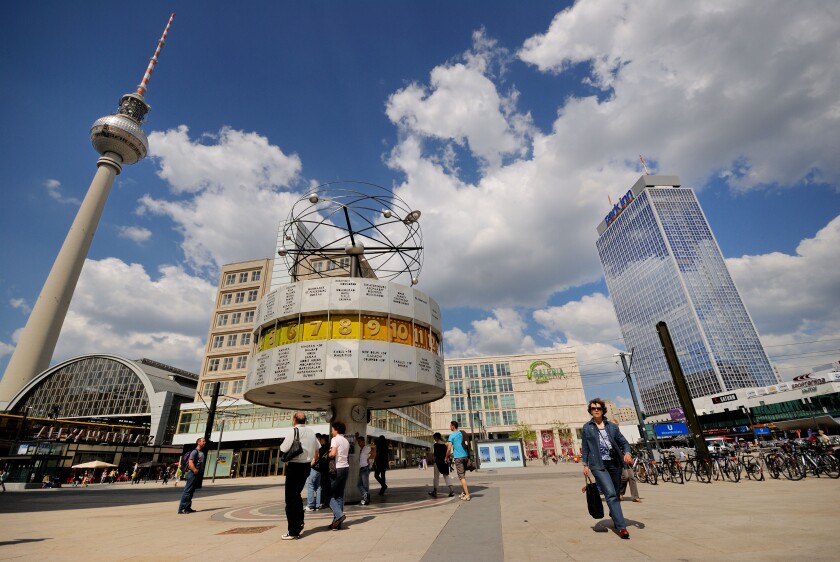 Alexanderplatz. Weltzeituhr. World Time Universal Clock. Park Inn Hotel. Galeria Kaufhof. Television Tower. Berlin. Germany.
